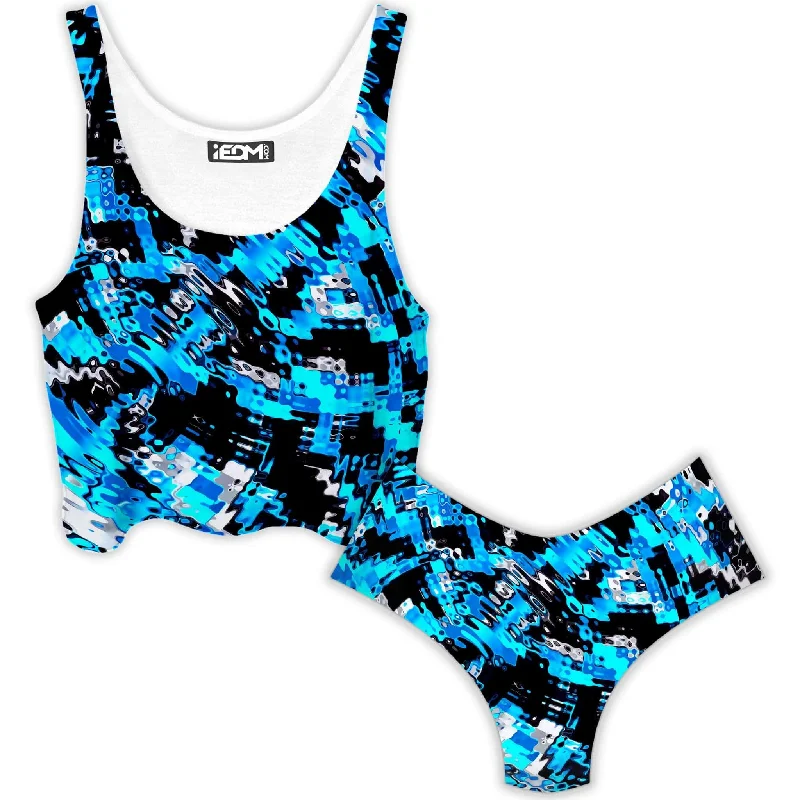 Aqua Rave Crop Top and Booty Shorts Combo Fleece Nylon Spandex