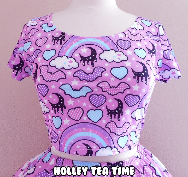 Rainbow Spooky Bats Pink Short Sleeve Crop Top [Made To Order] Wool Fabric Cashmere Fabric Tweed Fabric