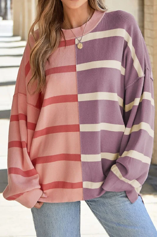Hazel Blues® |  Contrast Striped Long Sleeve Sweatshirt Hoodie with Hem Raw Edge Edgy Unfinished