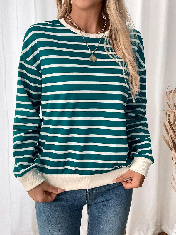 Hazel Blues® | Perfee Striped Contrast Round Neck Long Sleeve Sweatshirt Hooded Sweatshirt Casual Wear Street Style Hazel Blues® | Perfee Striped Contrast Round Neck Long Sleeve Sweatshirt Hooded Sweatshirt Casual Wear Street Style