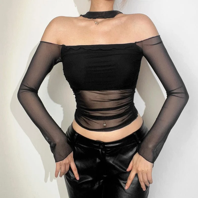 Women's Punk Mesh Splice Halterneck Crop Top Hooded Caped Shawl Collar