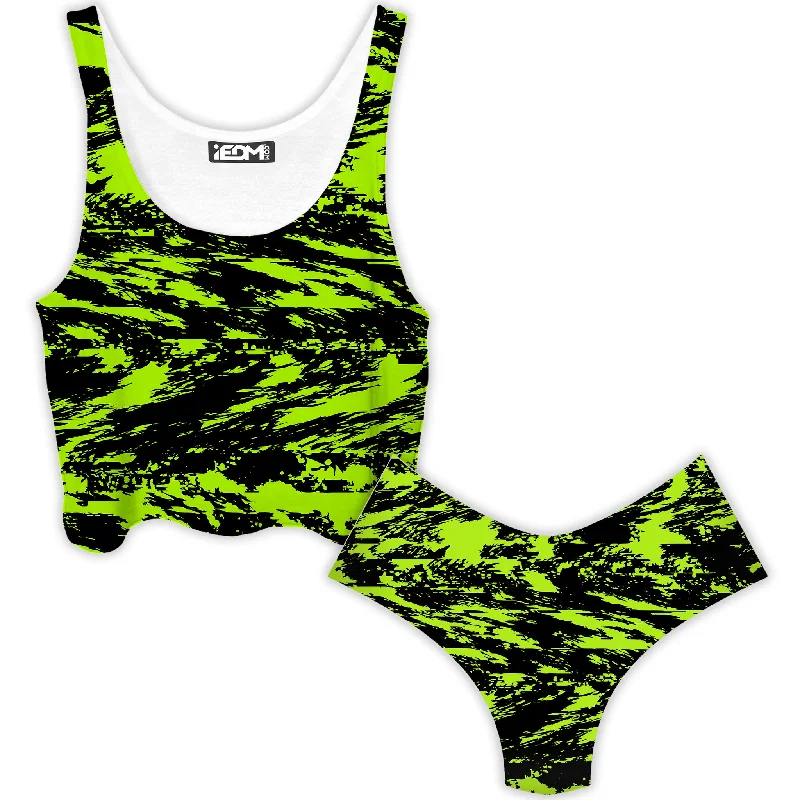 Black Lime Bolt Glitch Crop Top and Booty Shorts Combo Handmade Hand-knitted Hand-woven