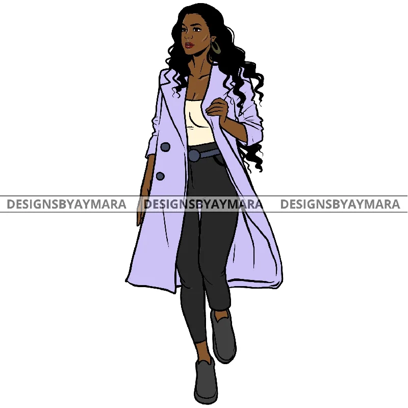 Afro Urban Fashionista Goddess Heels Attractive Black Woman  Coat Sexy Long Curly Hair Style  SVG Cutting Files For Silhouette Cricut Tie-Waist Belted Drawstring