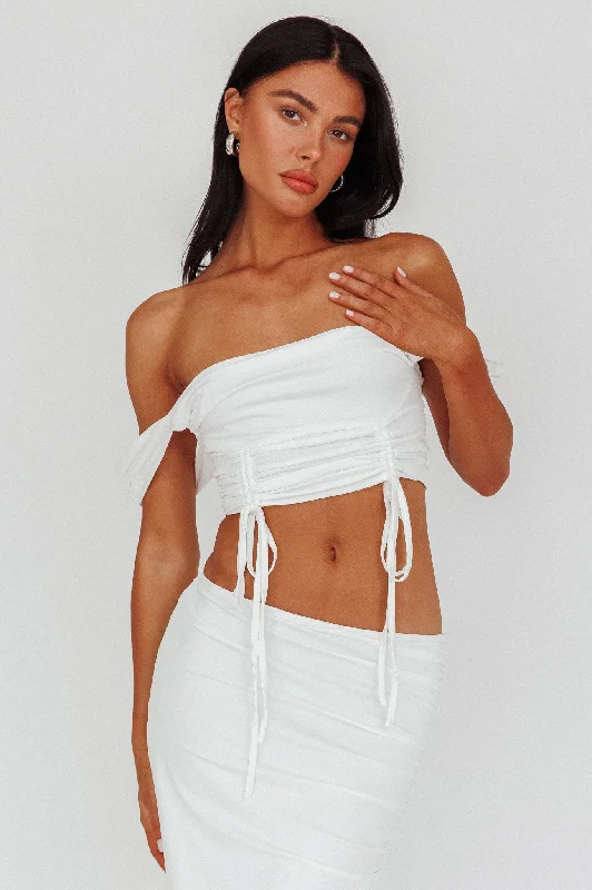 Headliner Drawstring Ruched  Crop Top White Print Jacquard Patchwork