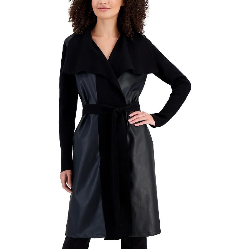 T Tahari Womens Faux Letaher Long Sleeves Wrap Coat Print Jacquard Embroidered