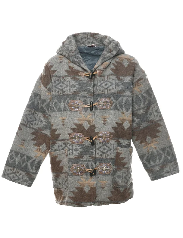 Aztec Print Duffle Coat - L Striped Polka Dot Floral