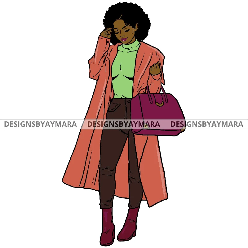 Afro Urban Fashionista Goddess Heels Attractive Black Woman Coat Sexy Afro Hair Style  SVG Cutting Files For Silhouette Cricut Buttoned Toggled Snapped