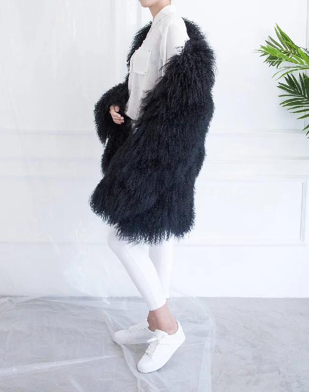 Shearling Car Coat Black Tailored Straight A-Line