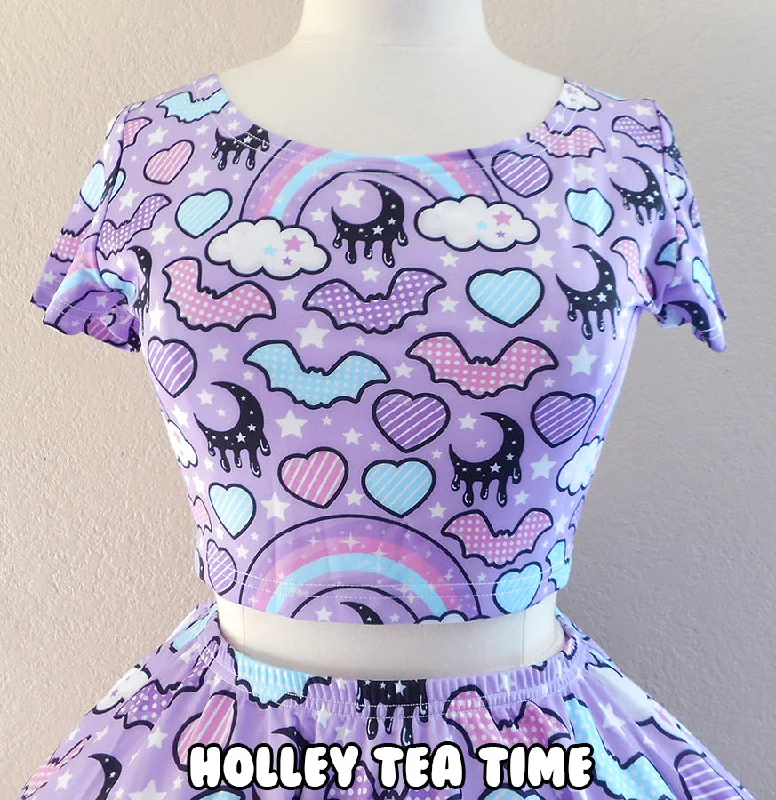 Rainbow Spooky Bats Purple Short Sleeve Crop Top [Made To Order] Anti-Pilling Machine Wash Handmade