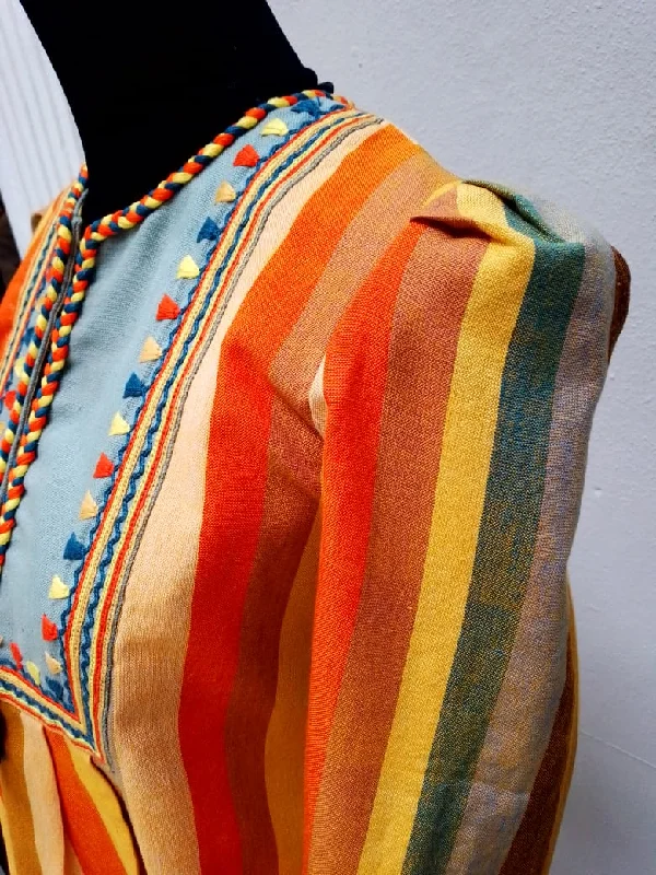 Striped Waist Loom Coat Solid Print Jacquard