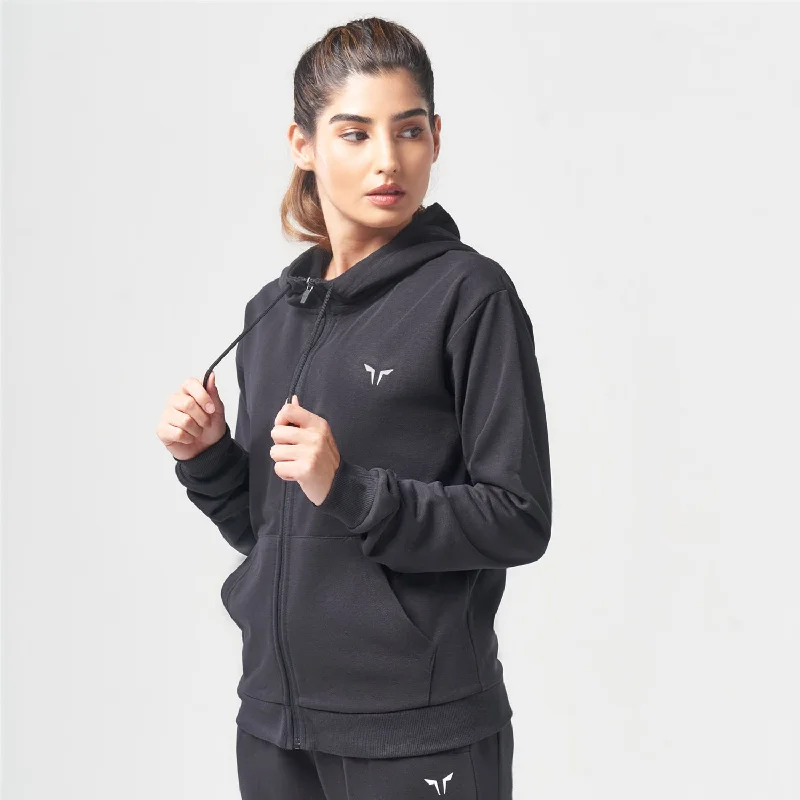 Essential Zip Up Hoodie - Black Hoodie with Zipper Placket Modern Functional