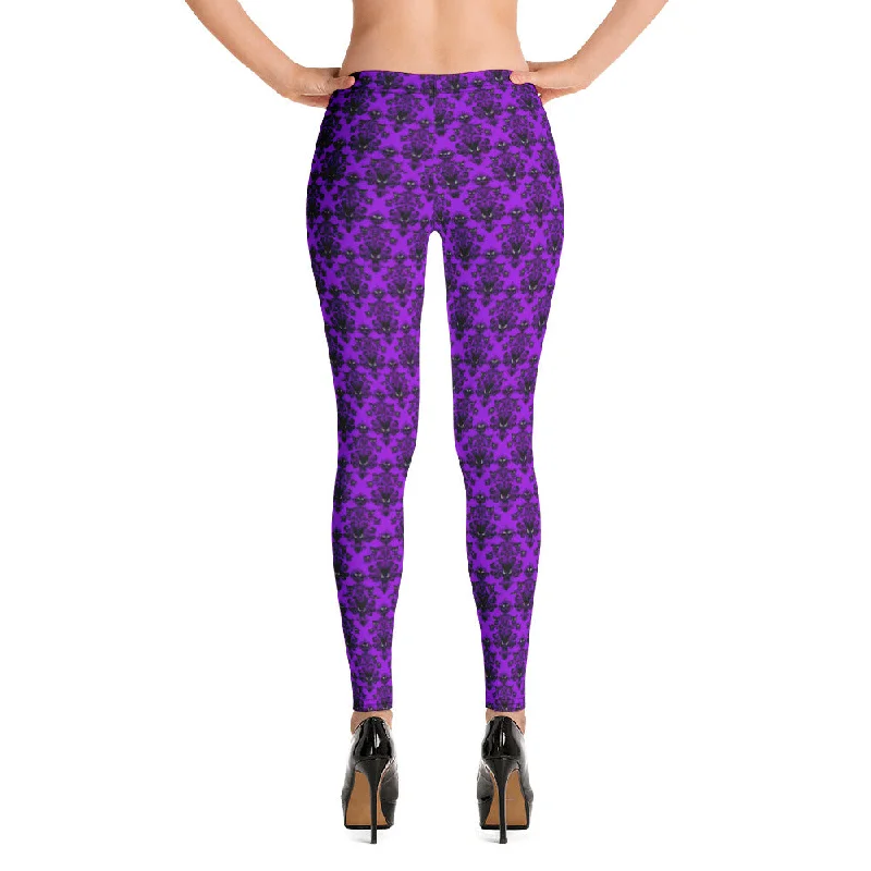 Purple Gothic Haunted Mansion Style Leggings Halloween Pattern Casual Sporty Leggings