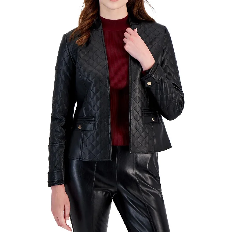 T Tahari Womens Lightweight Faux Leather Quilted Coat Welt Pockets Slit Pockets Flap Pockets