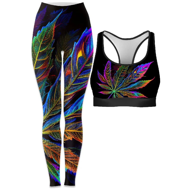 Blacklight Weed Rave Bra and Leggings Combo Fashionable Solid Color Tights