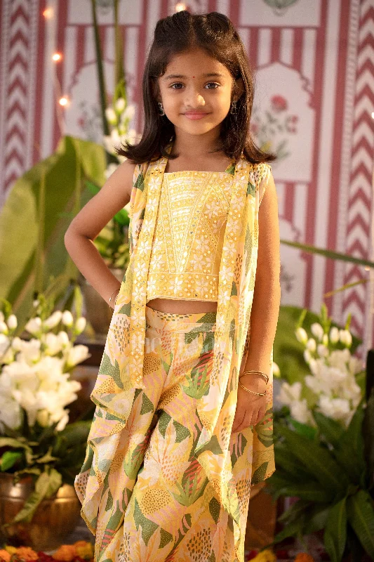 Girls Yellow Chinon Silk Sharara Set with Floral Prints and Embroidered Sleeveless Crop Top Thin Crop Top Open Front Quick Dry Girls Yellow Chinon Silk Sharara Set with Floral Prints and Embroidered Sleeveless Crop Top Thin Crop Top Open Front Quick Dry