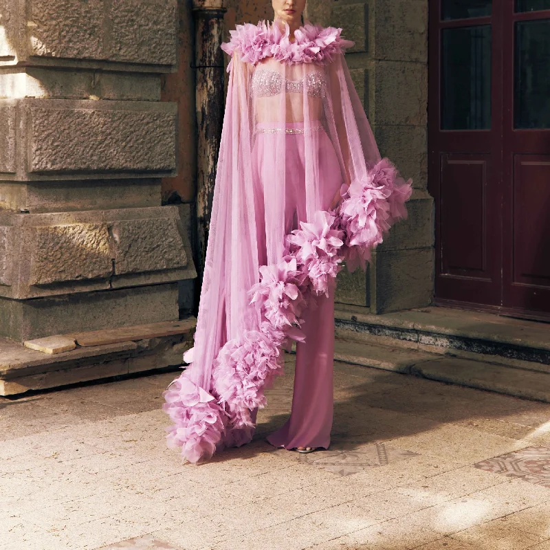 Silk georgette trousers with an embroidered bustier and an asymmetrical ruffled tulle cape Trousers Travel Practical