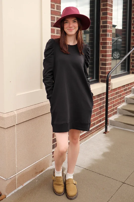 Janine Sweatshirt Dress—Black Hoodie with Typography Text Message