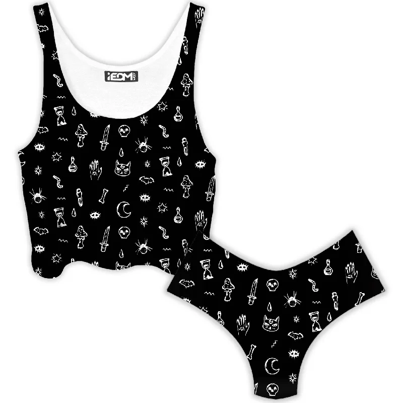 Black Pattern Crop Top and Booty Shorts Combo Anti-Pilling Machine Wash Handmade