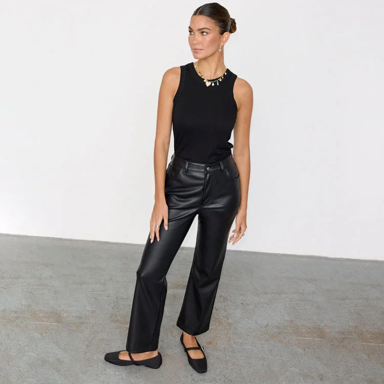 Black Vegan Leather Trousers Petite Trousers Solid Black