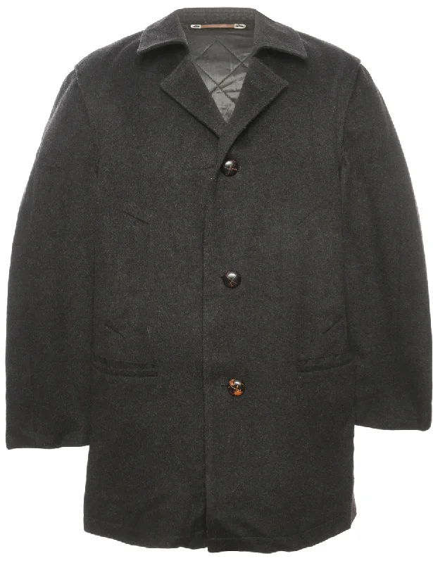 Black Wool Coat - L Three-Quarter Sleeve Elbow Sleeve Wrist Sleeve