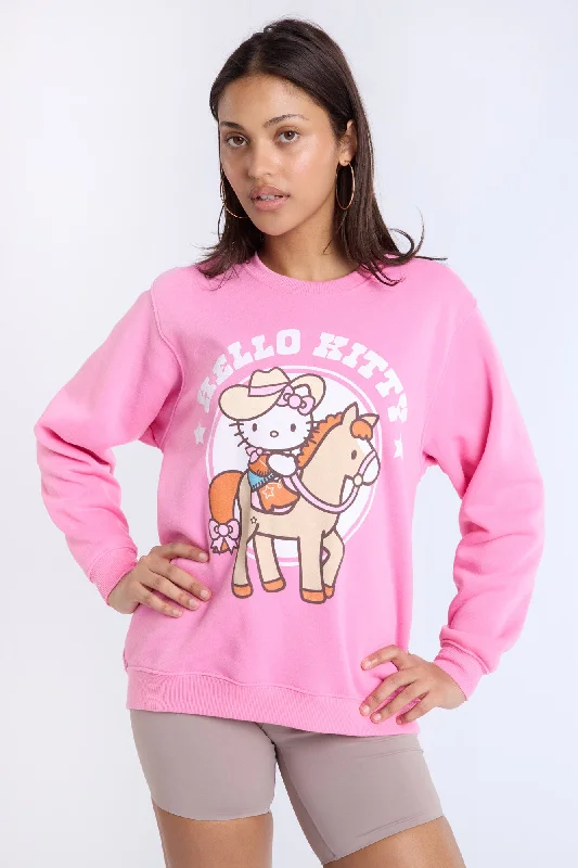 Hello Kitty Western Graphic Crew Neck Sweatshirt Hoodie with Hem Frayed Vintage Worn Hello Kitty Western Graphic Crew Neck Sweatshirt Hoodie with Hem Frayed Vintage Worn