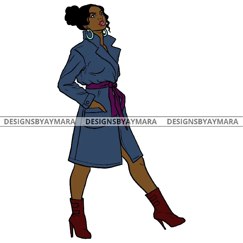 Afro Urban Fashionista Goddess Heels Attractive Black Woman Coat Sexy Bun Hair Style  SVG Cutting Files For Silhouette Cricut Crew Neck V-Neck Boat Neck