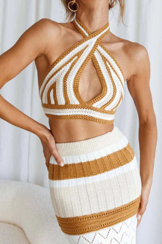 Higher Love Knit Halterneck Crop Top Striped Camel Mesh Blend Leather Blend Suede Blend Higher Love Knit Halterneck Crop Top Striped Camel Mesh Blend Leather Blend Suede Blend