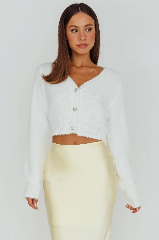 Chica Dulce Heart Button Knit Crop Top Cream Solid Print Embellished