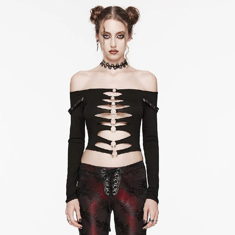 Women's Punk Cutout Off-shoulder Crop Top Beaded Sequined Faux Fur