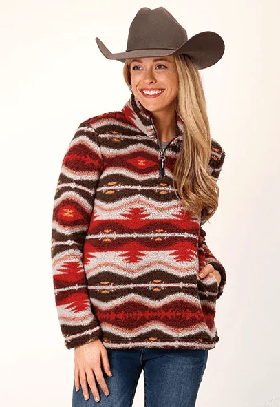 Roper Women's Red Aztec Blanket 1/4 Zip Polar Fleece Pullover 0250-6197 Shawl Collar Sweater