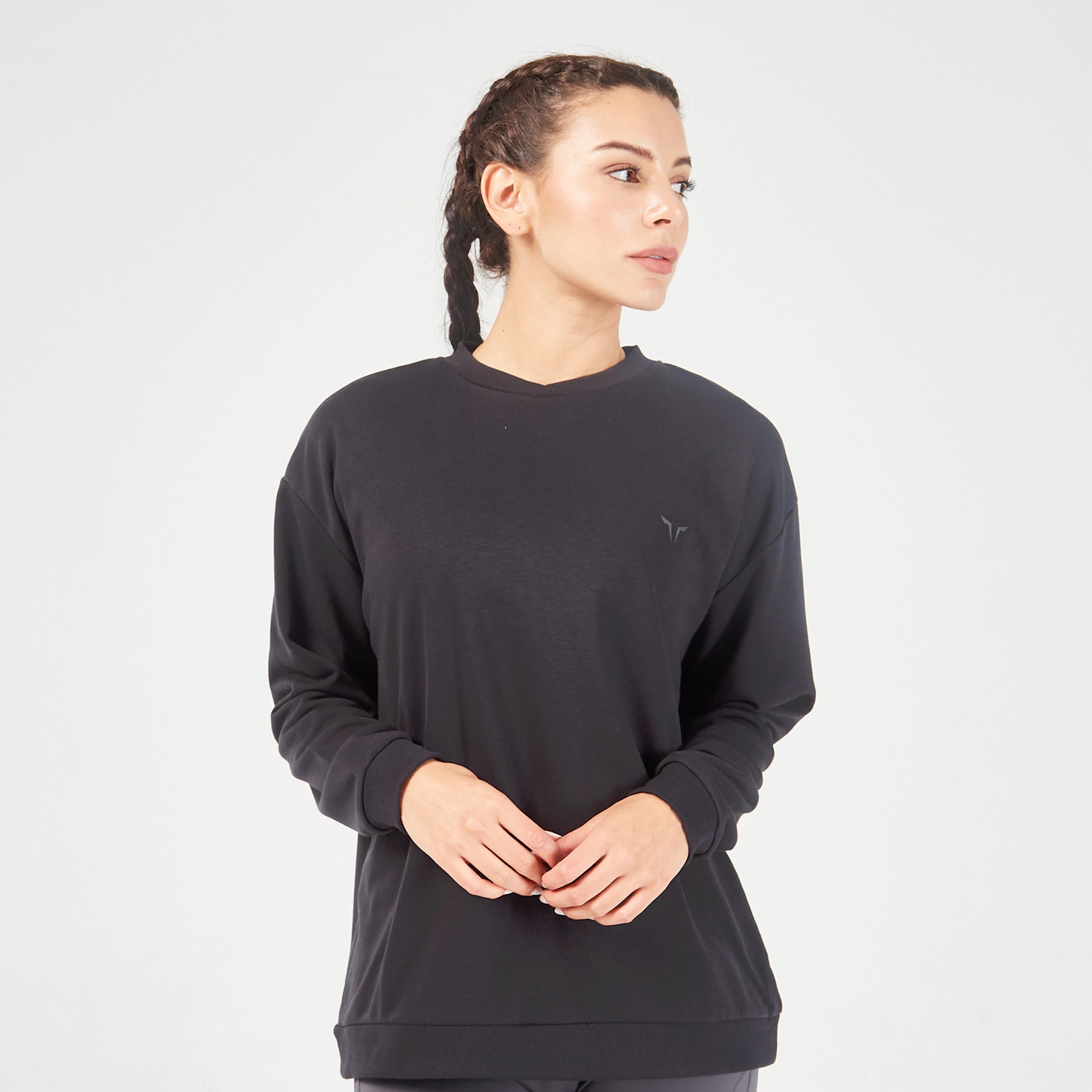 Essential Relaxed Sweatshirt - Black Hoodie with Ribbed Neckline Snug Warm
