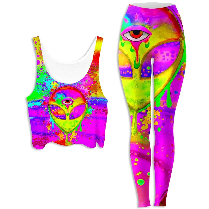 Alien Melt Yellow Crop Top and Leggings Combo Ribbed Crop Top High Neck Heavyweight