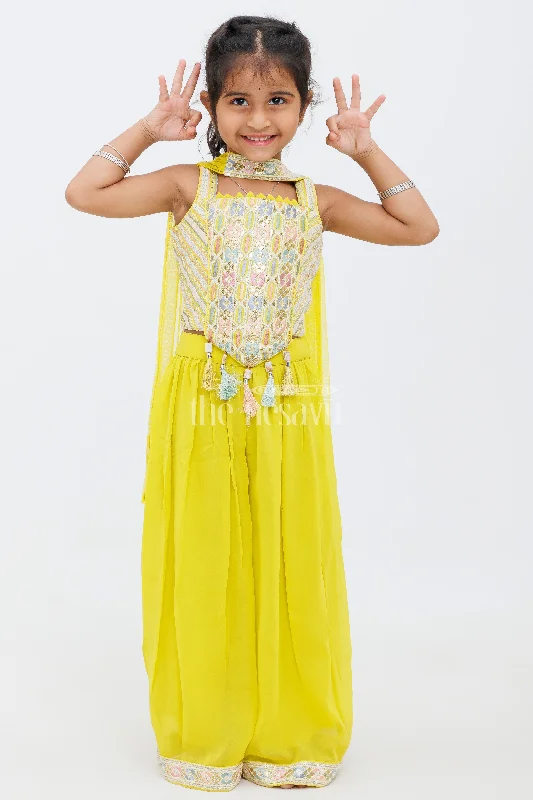 Girls Mustard Yellow Sharara Set with Sleeveless Embroidered Crop Top and Tassel Details Satin Fabric Silk Fabric Chiffon Fabric Girls Mustard Yellow Sharara Set with Sleeveless Embroidered Crop Top and Tassel Details Satin Fabric Silk Fabric Chiffon Fabric