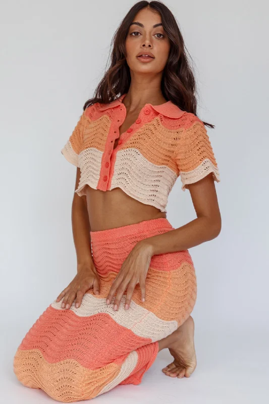 May Blooms Button Up Crop Top Tangerine Notch Collar Peter Pan Collar Cowl Neck