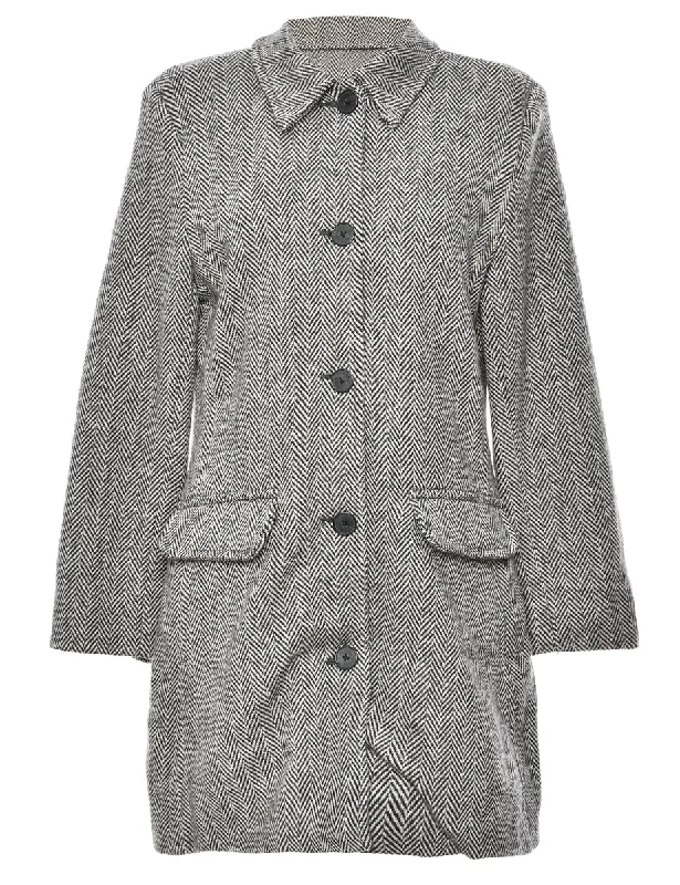 Black & Light Grey Herringbone Tweed Wool Coat - L Boat Neck Jacket Square Neck Jacket One-Shoulder Jacket Black & Light Grey Herringbone Tweed Wool Coat - L Boat Neck Jacket Square Neck Jacket One-Shoulder Jacket