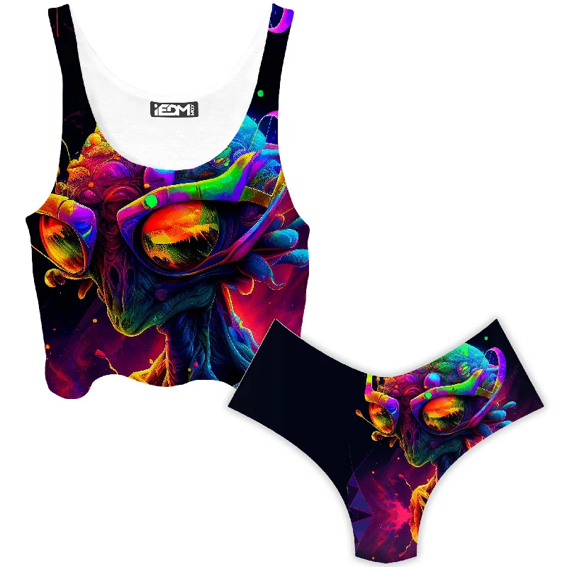 Psychedelic Alien Crop Top and Booty Shorts Combo Front Pockets Side Pockets Patch Pockets