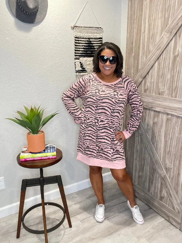 Pink & Grey Animal Print French Terry Sweatshirt Dress Hoodie with High Neck Warm Protective Pink & Grey Animal Print French Terry Sweatshirt Dress Hoodie with High Neck Warm Protective