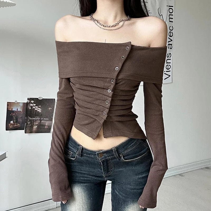 Women's Grunge Ruffled Off Shoulder Long Sleeved Crop Top Cotton Fabric Linen Fabric Terry Fabric