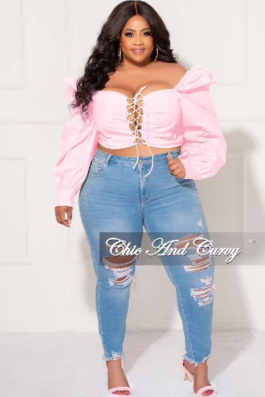 Final Sale Plus Size Sweetheart Lace-Up Crop Top in Light Pink Solid Color Striped Floral