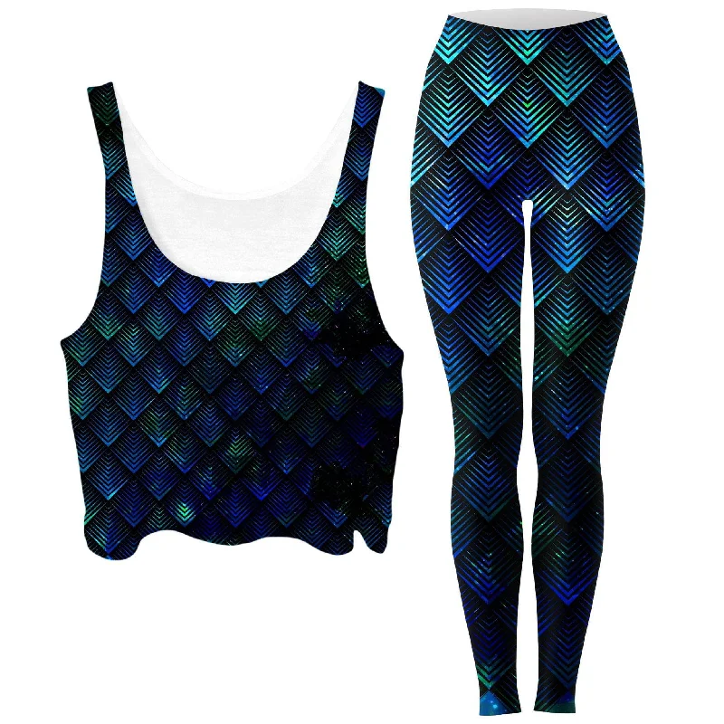 Galactic Dragon Scale Teal Crop Top and Leggings Combo Cashmere Blend Cotton Blend Poly Blend