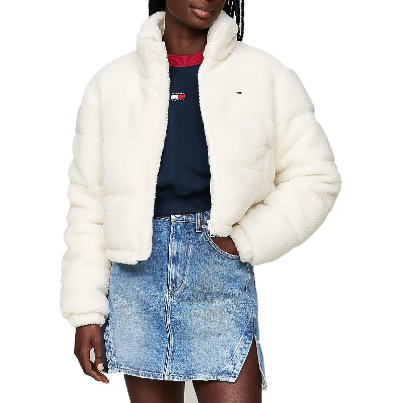 Tommy Hilfiger Womens Crop Sherpa Teddy Coat Appliqued Beaded Sequined