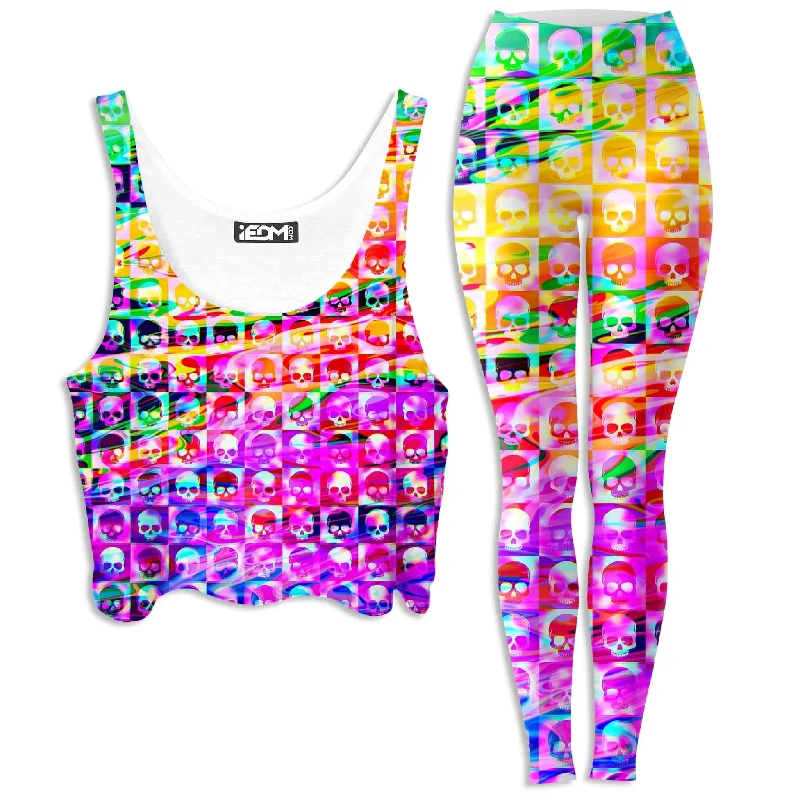 Skull Fam Purple Crop Top and Leggings Combo Welt Pockets Slit Pockets Flap Pockets