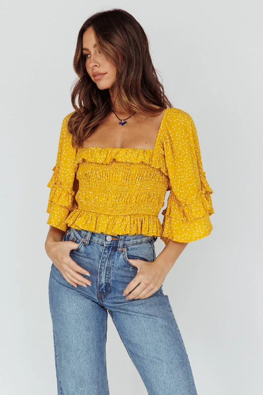 Boardwalk Bell Sleeve Crop Top Spotty Mustard Chenille Fabric Brocade Fabric Lace Fabric