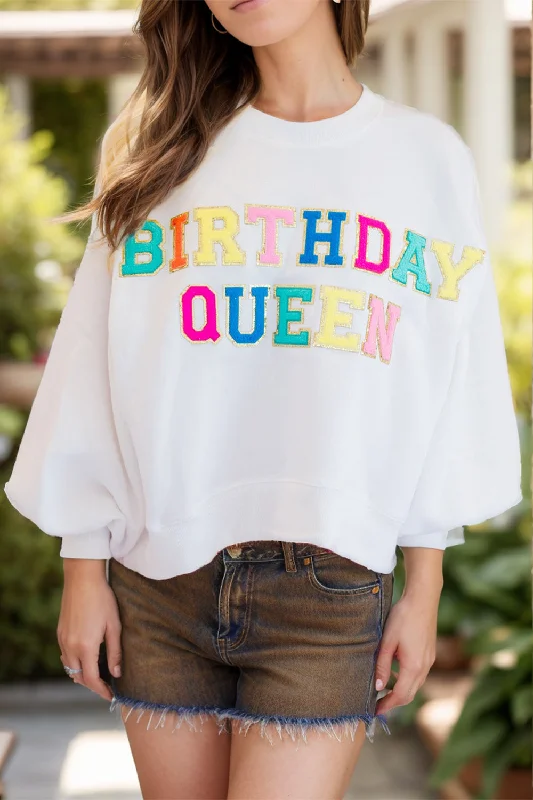 Hazel Blues® |  BIRTHDAY QUEEN Sequin Round Neck Long Sleeve Sweatshirt Hoodie with Drop Shoulder Relaxed Streetwear