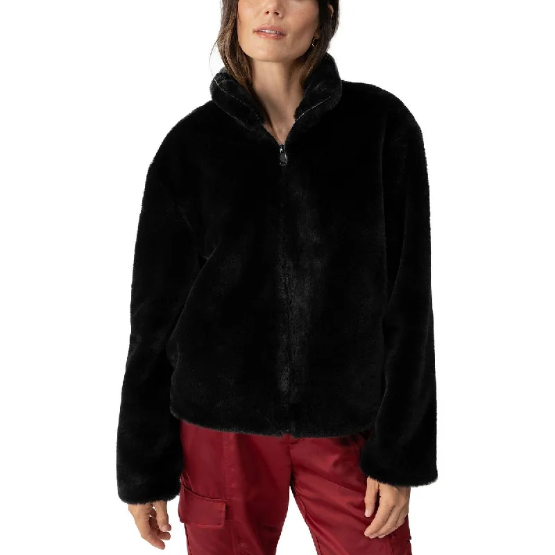 Sanctuary Womens Solid Faux Fur Faux Fur Coat Appliqued Beaded Sequined