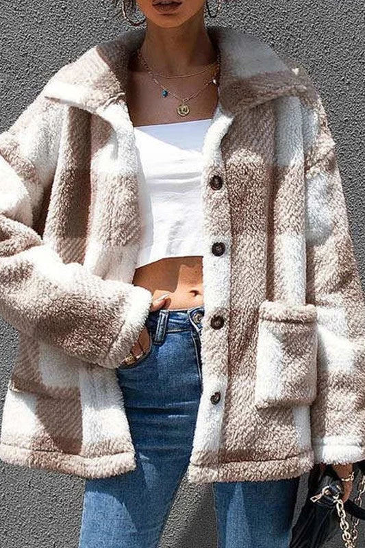 PLAID FAUX FUR COAT SHACKETS Welt Pockets Slit Pockets Flap Pockets