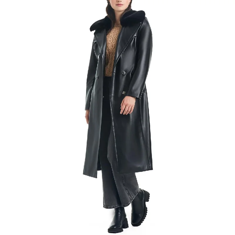 Vince Camuto Womens Faux Leather Long Trench Coat Buttoned Toggled Snapped