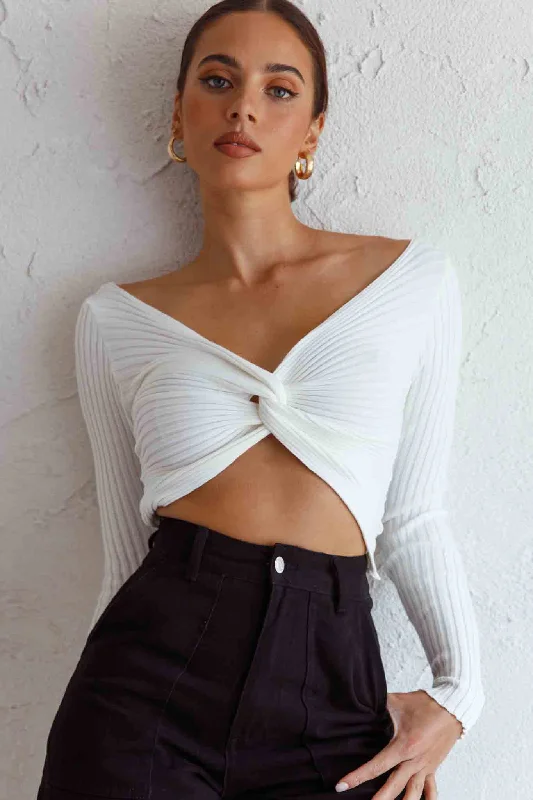 Dream Weaver Long Sleeve Twist Bust Crop Top White Terry Blend Velvet Blend Canvas Blend