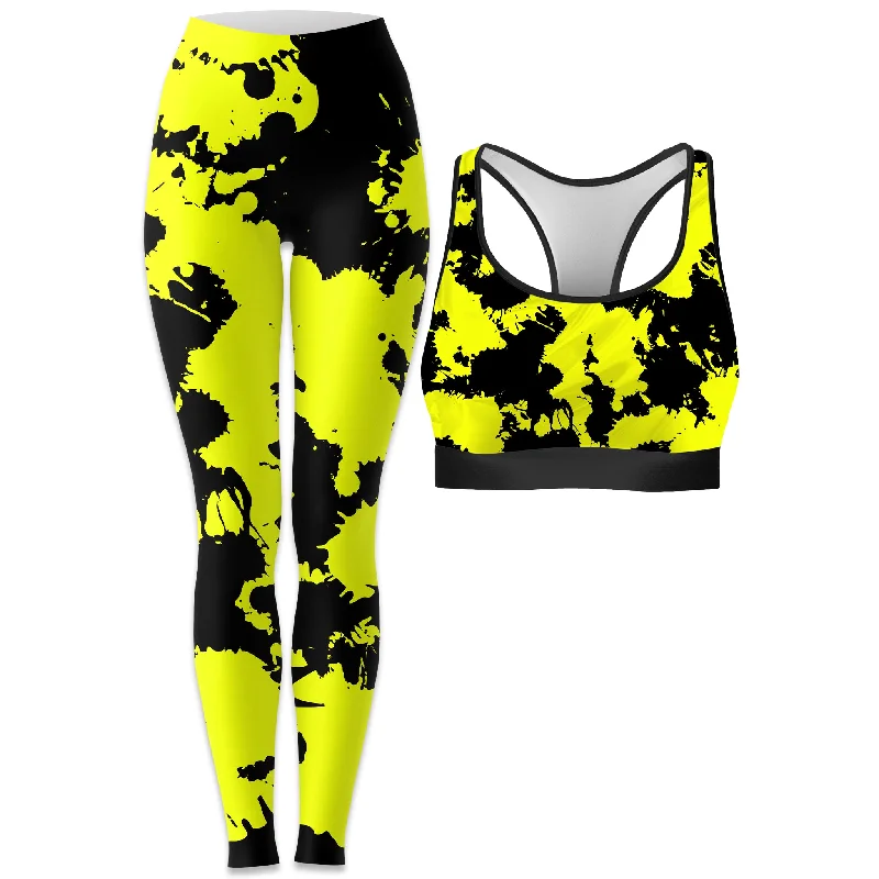 Yellow and Black Paint Splatter Rave Bra and Leggings Combo Fashionable Tummy Control Leggings Yellow and Black Paint Splatter Rave Bra and Leggings Combo Fashionable Tummy Control Leggings
