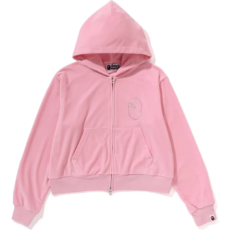 CRYSTAL STONE APE HEAD VELOUR ZIP HOODIE LADIES Hoodie with Ribbed Hem Stretchable Secure CRYSTAL STONE APE HEAD VELOUR ZIP HOODIE LADIES Hoodie with Ribbed Hem Stretchable Secure